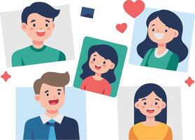 illustration of diverse people with smiling faces expressing joy and love in a cheerful, colorful layout vector