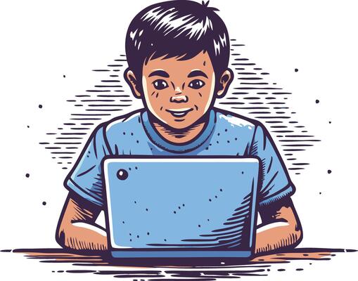 Young boy working happily on laptop.