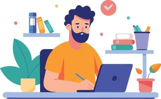 A man working on a laptop at a desk with books and plants vector