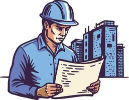 Construction worker examining blueprints with buildings in the background vector