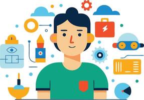 illustration of a young person surrounded by creative tools and icons representing technology and innovation vector