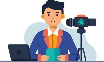 illustration of a man working at a desk with a camera, laptop, and notepad, engaged in creative content creation vector