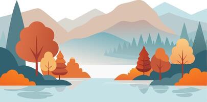 Autumn landscape with colorful trees and mountains near a serene lake in a illustration style vector