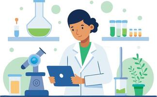 Scientist conducting research in a laboratory with equipment and samples vector