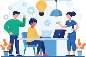 Team collaboration in an office setting with laptops, plants, and a light bulb representing ideas and creativity vector