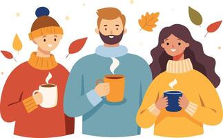 Three cheerful friends enjoying warm beverages outdoors during autumn with colorful leaves falling around them vector