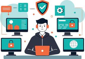 illustration of a cybersecurity professional working on multiple computer screens with security icons and data visualization vector