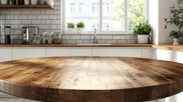 Round Wooden Tabletop. Clean, Bright Kitchen Background for Product Display photo