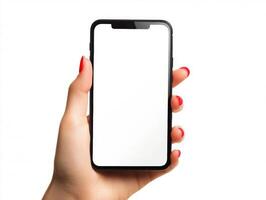 Close-Up of Woman Holding Frameless Smartphone. Blank Screen Mockup photo