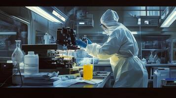 Scientist in Protective Gear Operating Research Equipment in Sterile Lab photo