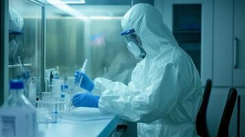 Scientist in Protective Gear Operating Research Equipment in Sterile Lab photo