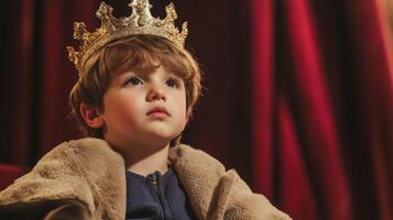 Adorable Little Boy Performing as King on Stage photo