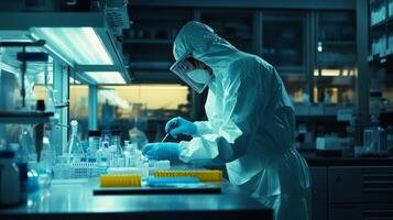 Scientist in Protective Gear Operating Research Equipment in Sterile Lab photo