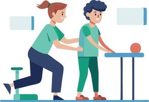 A woman and a man are engaged in a workout session, demonstrating various exercises together in a fitness environment. vector