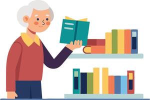 An elderly person reading a book in a colorful library setting surrounded by shelves of various books vector