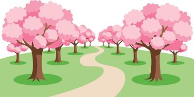illustration of a serene cherry blossom pathway lined with pink trees vector