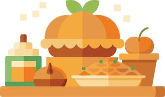 Autumn harvest spread featuring a pumpkin pie, cider, fruits, and decorative elements in warm tones on a wooden table vector