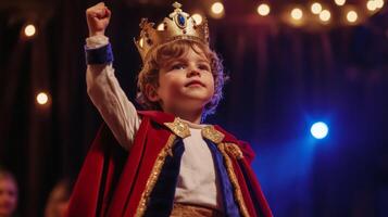 Adorable Little Boy Performing as King on Stage photo