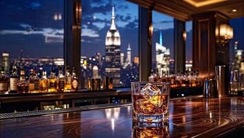 vaso de whisky en hielo en un 5 5 estrella hotel bar en nuevo York a noche foto
