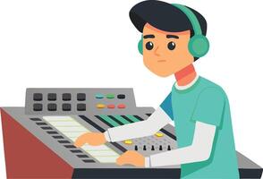 A young audio engineer working on a mixing console vector