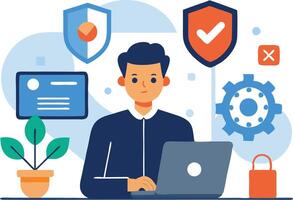 A person working on a laptop with security icons, a plant, and a gear symbolizing digital safety and technology vector