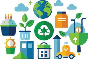 illustration depicting eco-friendly concepts with plants, recycling, and sustainable practices in a colorful design vector