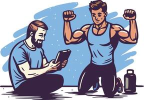 A fit man demonstrates strength training while a friend tracks progress on a tablet vector