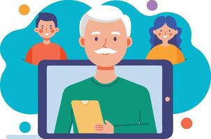 Elderly man chatting with two friends on a digital device vector