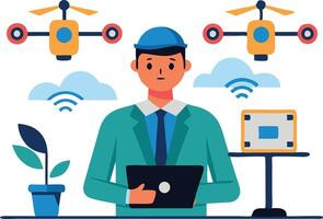 A professional operates a laptop while surrounded by drones in a modern workspace with wireless technology and a plant vector