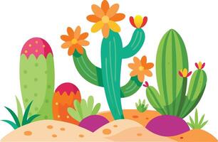 Vibrant illustration of cacti and desert flora with colorful flowers on sandy terrain vector