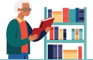 An older person with white hair is standing in front of a bookshelf, reading a red book vector