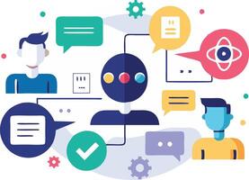 illustration of conversation with a chatbot surrounded by user avatars and chat bubbles vector