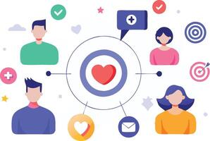 illustration depicting diverse people interacting around a central heart symbol, representing connection, communication, and collaboration vector