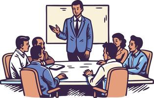 A business meeting with a speaker presenting to a group around a conference table vector