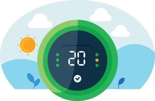illustration of a smart thermostat displaying 20 degrees Celsius against a sunny landscape with clouds and greenery vector