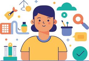 A cheerful person surrounded by science tools, gears, and creative icons in a colorful illustration highlighting innovation and discovery vector