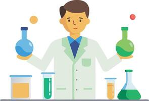 Scientist experimenting with colorful liquids in laboratory vector