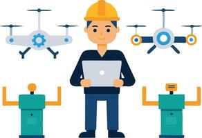 A technician operates drones with digital tools vector