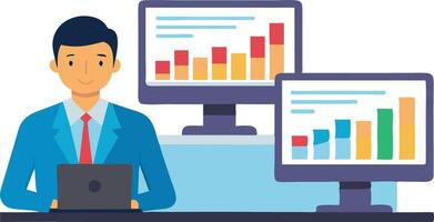 A businessman working on a laptop in front of dual monitors displaying colorful data charts and graphs vector