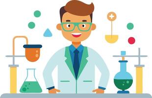 A cheerful scientist conducting experiments in a colorful laboratory vector