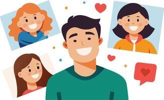 A happy man surrounded by cheerful portraits of women expressing love and connection in a colorful illustration vector