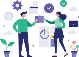 illustration of a man and woman discussing project progress vector