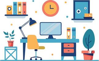 A colorful home office setup with a computer, desk, and plants vector