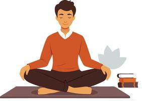 A young man practicing meditation in a peaceful surrounded by books and a lotus flower vector