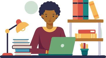 A young person working on a laptop at a desk surrounded by books and a lamp vector