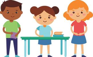 Three diverse children engaging in a collaborative learning activity at a classroom table with books vector