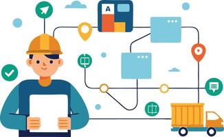 illustration of a logistics worker managing delivery routes with a truck and digital mapping elements vector