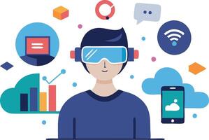 illustration of a person using virtual reality glasses surrounded by technology icons and data graphs vector