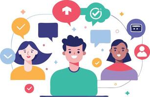 illustration of diverse people engaged in conversation with speech bubbles and icons representing communication and feedback vector