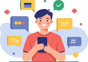 Young man using a smartphone while engaging in digital communication vector
